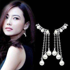 Silver Pearl Chain Tessal Earrings Women Fashion Wedding Ear Stud Jewelry Gift