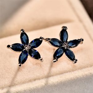 Vintage 925 Silver Five Star Flower Snowflake Blue Sapphire Ear Stud Earringsאבן ספיר